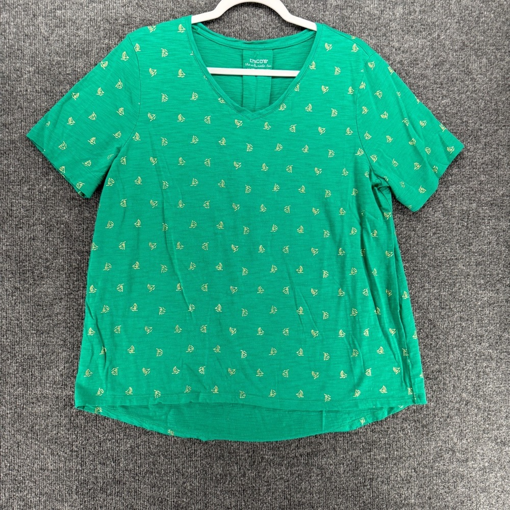 Chicos Top Womens L Green Sailboat Print V-Neck Nautical Preppy Casual Coastal
